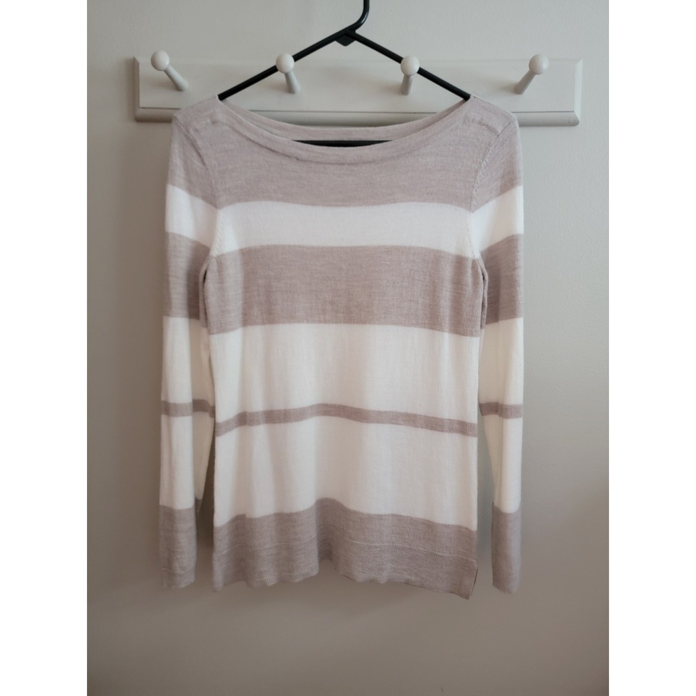 Talbots Merino Wool Size Small Striped Sweater L/S Pullover Classic Cream Beige